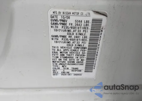 2009 Nissan Murano Sl z USA, uszkodzony, nr VIN JN8AZ18U39W031068